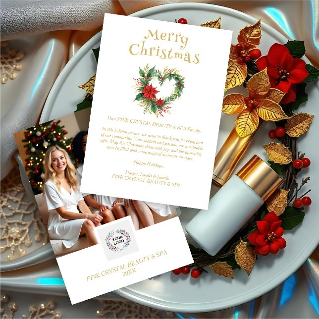 Cartão De Festividades Exquisite Christmas Wreath Heart-Shape Floral  (Exquisite Christmas Wreath Heart-Shape Floral Red & Gold Photo Business Holidays Cards.)