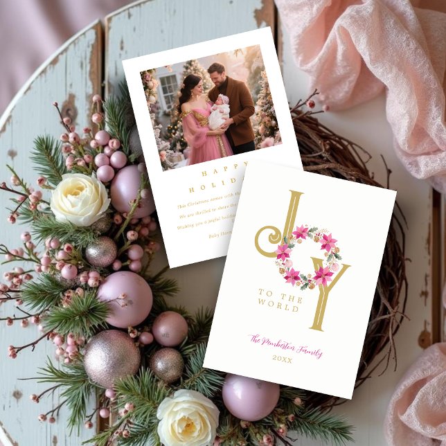 Cartão De Festividades Exquisite Hot Pink Tones & Gold Christmas Wreath (Exquisite Hot Pink Tones and Faux Gold Christmas Wreath Holiday Cards with Back Photo.)
