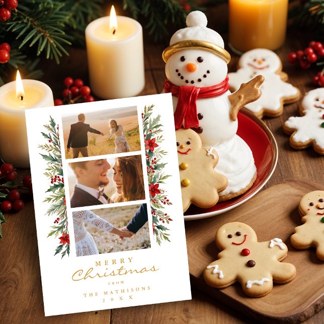 Cartão De Festividades Exquisite Minimal Christmas Garland 3 Photos Frame (Exquisite Minimalist Christmas Garlands 3 Photos Frame Holidays Cards.)