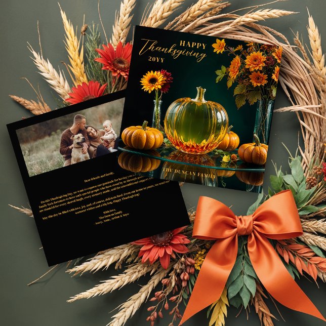 Cartão De Festividades Exquisite Thanksgiving Amber Glass Pumpkin Autumn (Exquisite Thanksgiving Amber Glass Pumpkin and Autumn Leaves & Flowers Holidays Cards.)