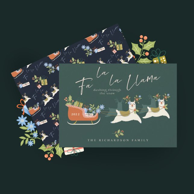 Cartão De Festividades Fa La Christmas Llama Reindeers & Sleigh Gifts (Criador carregado)