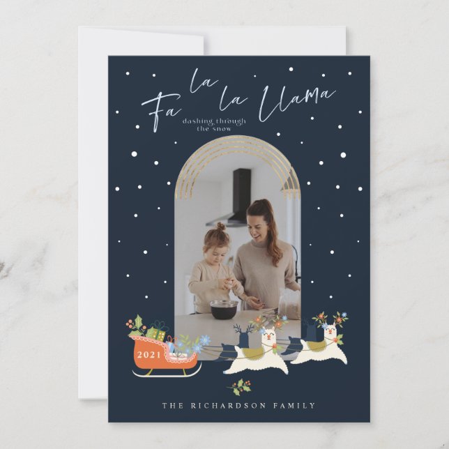 Cartão De Festividades Fa La Christmas Llama Reindeers & Sleigh Photo (Frente)