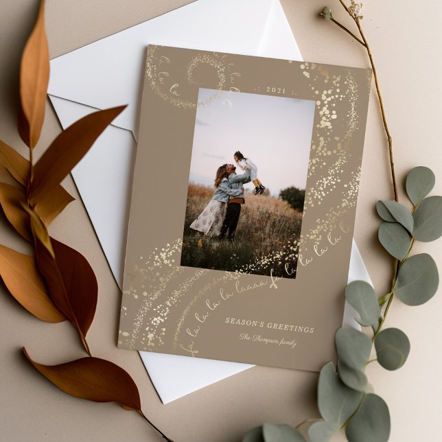 Cartão De Festividades Fa La Magical Dourado Christmas Carol Song 1 Foto (Fa La La Magical Gold Christmas Carol Song 1 Photo Holiday Card)