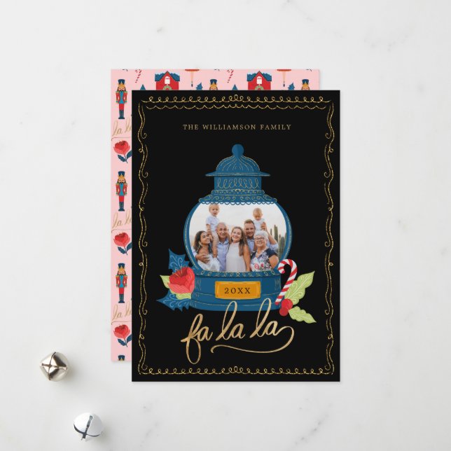 Cartão De Festividades Fa La Nutcracker Familiar Foto de Natal Globo de N (Frente/Verso In Situ)