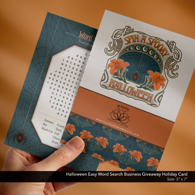 Cartão De Festividades Fácil Busca do Word no Halloween Imprimível (Halloween Business Freebie Giveaway Holiday Card with Logo and Website–Easy Word Search )