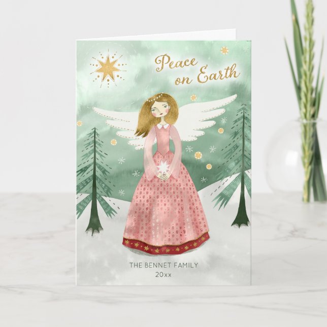 Cartão De Festividades Fácil Natal Ilustrado com Anjo Dobrado (Frente)