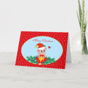 Cartão De Festividades Fada de Natal Fofo & Pássaro em Azul Claro e Verme