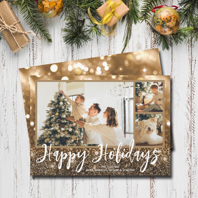 Cartão De Festividades Faísca de feriados felizes com várias fotos (Happy Holidays bronze sparkle holiday photo cards)
