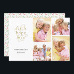 Cartão De Festividades Faith Hope Love 4-Photo Collage Family Natal<br><div class="desc">Este elegante cartão de Natal apresenta uma colagem de quatro fotos e uma inscrição festiva. A design da tipografia diz "fé, esperança, amor" em letras douradas com bonito espirais ligando as letras, todas contra um fundo branco-chico. Abaixo, adicione sua saudação e seus nomes. Na colagem de fotos à direita, você...</div>