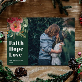 Cartão De Festividades Faith Hope Love | Foto de Natal Religioso Verde