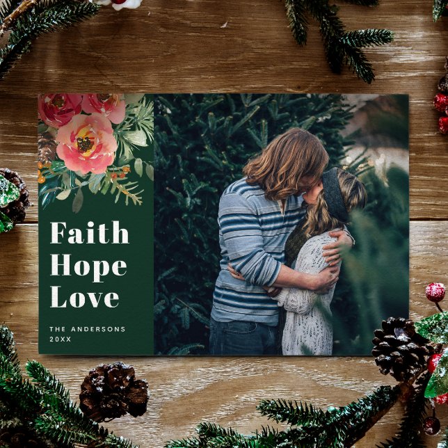 Cartão De Festividades Faith Hope Love | Foto de Natal Religioso Verde (Criador carregado)