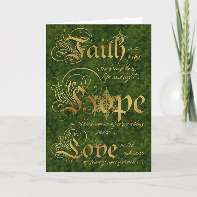 Cartão De Festividades Faith, Hope, Love Green and Gold Christmas Card (Frente)