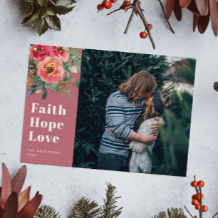 Cartão De Festividades Faith Hope Love Muted Pink Floral Photo Christmas