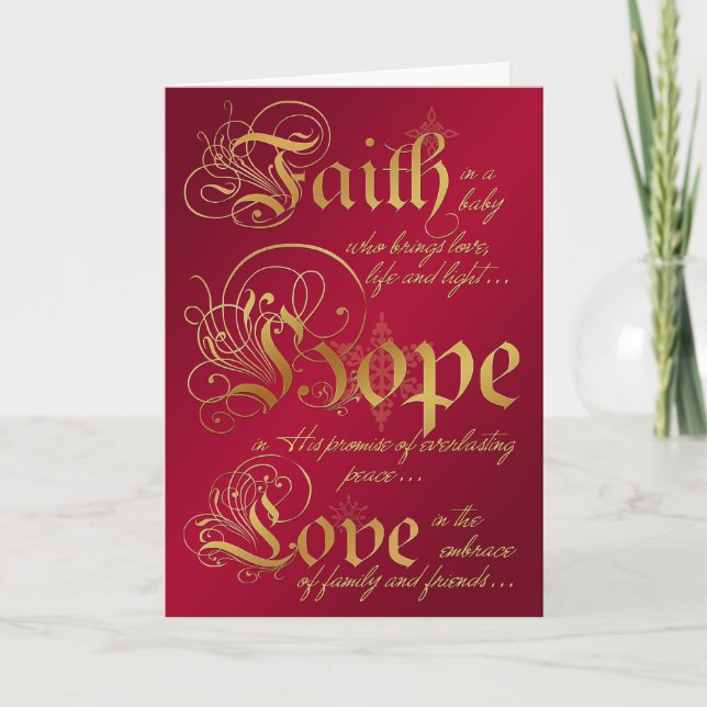 Cartão De Festividades Faith, Hope, Love Red and Gold Christmas Card (Frente)