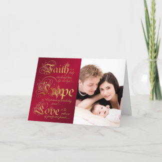 Cartão De Festividades Faith, Hope, Love Red, Gold Photo Christmas Card