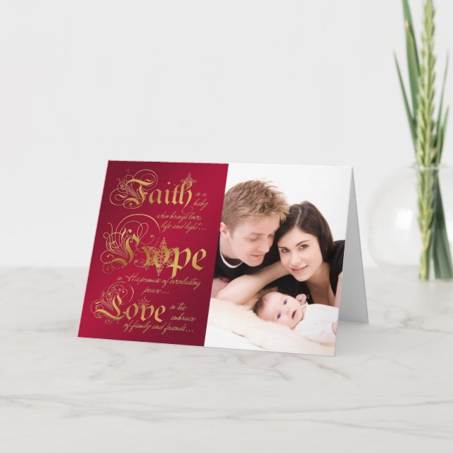 Cartão De Festividades Faith, Hope, Love Red, Gold Photo Christmas Card (Frente)