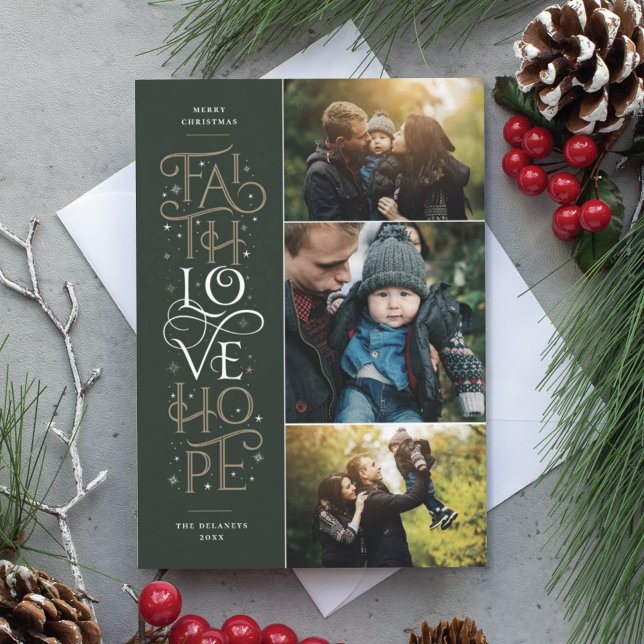 Cartão De Festividades Faith Love Hope Multi Photo Holiday Card (Criador carregado)
