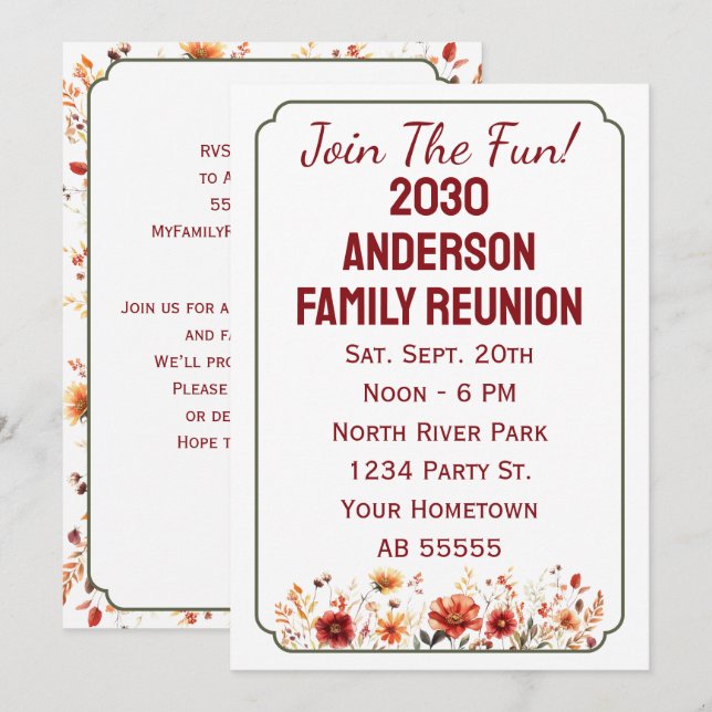 Cartão De Festividades Fall Wildflower Join The Fun Family Reunion Card (Frente/Verso)