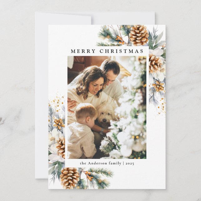 Cartão De Festividades Família 1 Foto Pine Botânica Árvore Preta Natal (Frente)