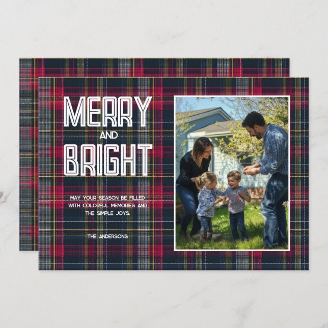 Cartão De Festividades Família com Tartan Personalizado Merry & Bright em (Frente/Verso)