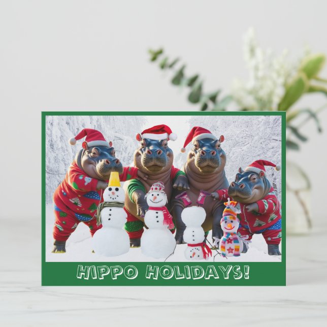 Cartão De Festividades Família Cute Hippo em pijama Personalizada (Em pé/Frente)