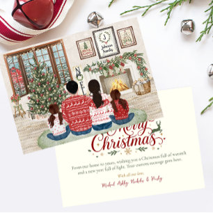 Cartão De Festividades Família de 4 Duas Meninas, Natal Fireside Família