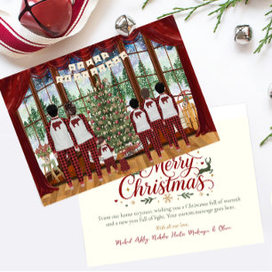 Cartão De Festividades Família de 6, Bebê & 3 Meninos, Manhã de Natal na 