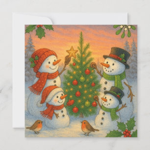 Cartão De Festividades Família de Boneco de Neve na Árvore de Natal ao Pô