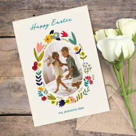 Cartão De Festividades Família de Coelhinho da Páscoa Floral Foto Saudaçã