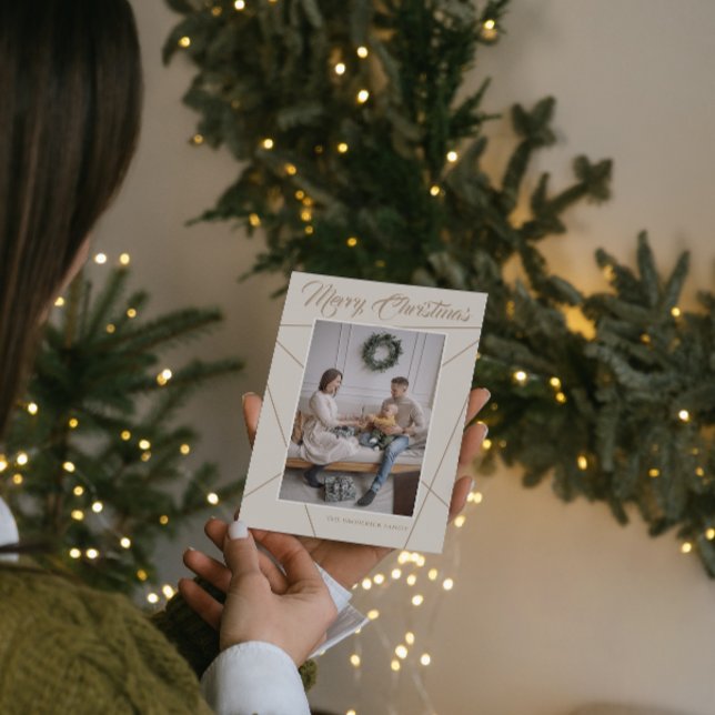 Cartão De Festividades Família de Feliz Natal em Bege Mocha Geométrico Fo (Criador carregado)