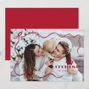 Cartão De Festividades Família de Fita Vermelha Caprichosa Foto Feliz Nat