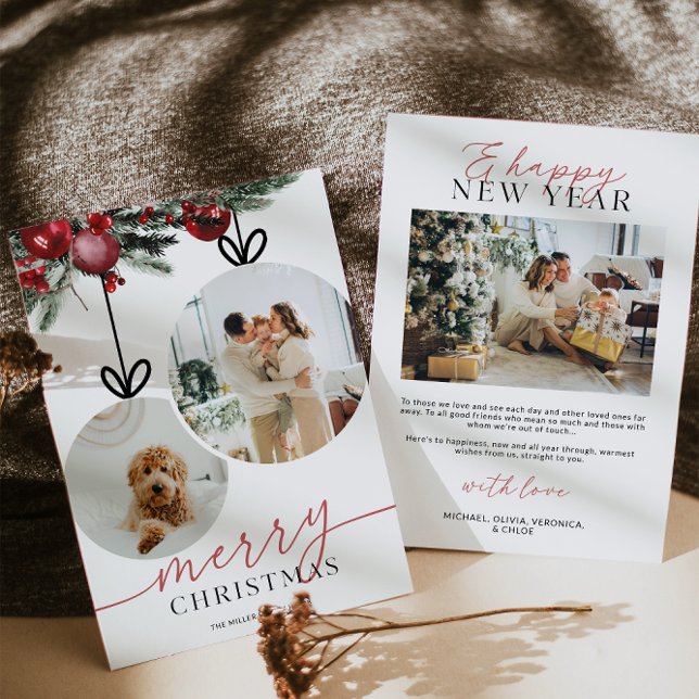 Cartão De Festividades Família de Foto com Vegetação em Aquarela Rústica (Rustic Watercolor Ornament Family Photo Christmas Card)