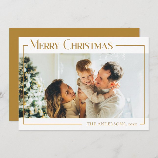 Cartão De Festividades Família de Natal Moderna Mínima Foto Mostarda Dour (Frente/Verso)