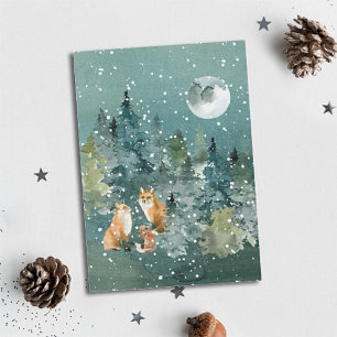 Cartão De Festividades Família de Raposas na Floresta Neve na Lua Cheia N