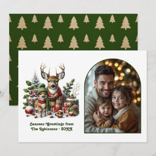 Cartão De Festividades Família de Veados da Floresta Cena de Natal Fotogr