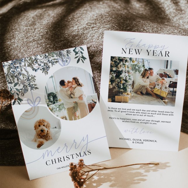 Cartão De Festividades Família de Verde Água com Aquarela Rústica Azul (Rustic Watercolor Greenery Family Photo Christmas Card)