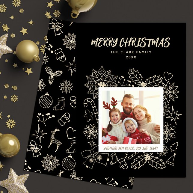 Cartão De Festividades Família Elegante Simples 1 Fotograma Preto e Doura (Simple Elegant Family 1 Photo Frame Black and Gold Holiday Card)