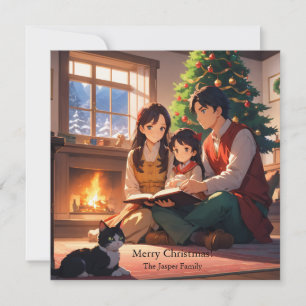 Cartão De Festividades Família lendo um livro temático de Natal
