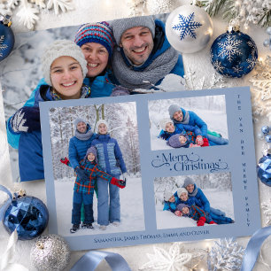 Cartão De Festividades Família Mínima de Quatro Pessoas Foto Azul Natal F