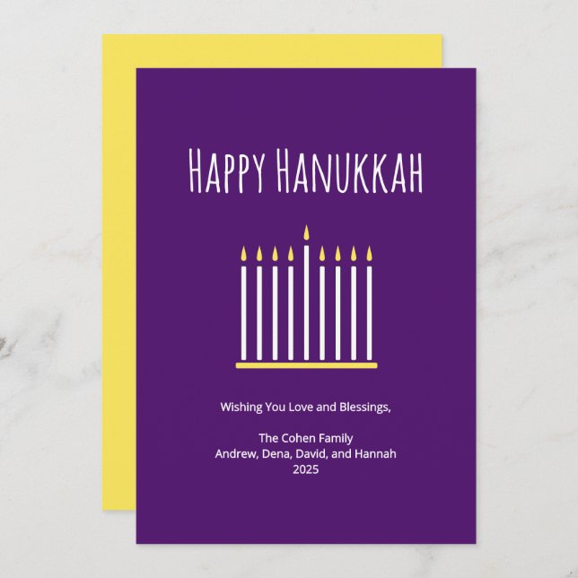 Cartão De Festividades Família Moderna Simples Menorah Purple Hanukkah Ho (Frente/Verso)