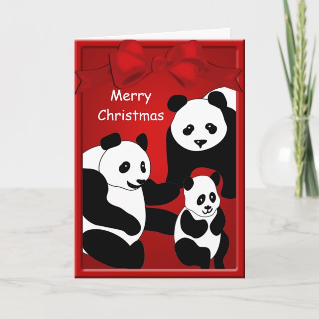 Cartão De Festividades Família Panda Bear Três Felizes Saudações De Natal (Frente)