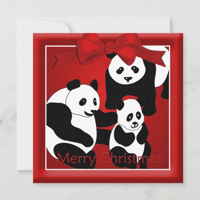 Cartão De Festividades Família Panda de Três Saudações de Natal (Frente)