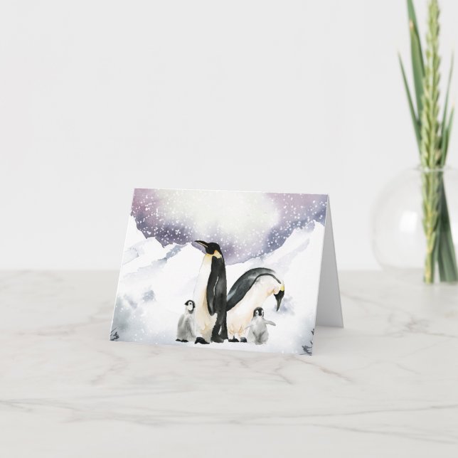 Cartão De Festividades Família Penguin Watercolor (Frente)