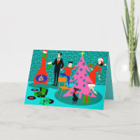 Família Retro Apertando a Placa de Árvore Natal