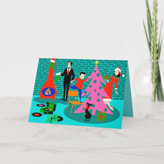 Cartão De Festividades Família Retro Apertando a Placa de Árvore Natal (Frente)
