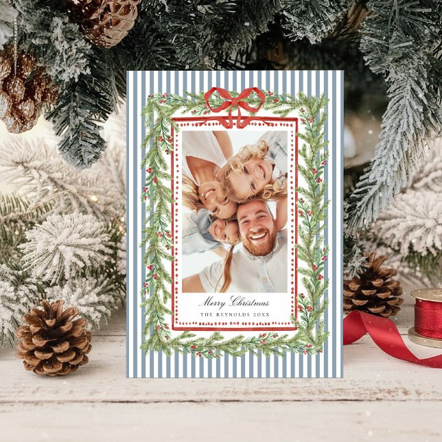 Cartão De Festividades Familiar Foto de Família de Natal com Laço Costeir (Criador carregado)