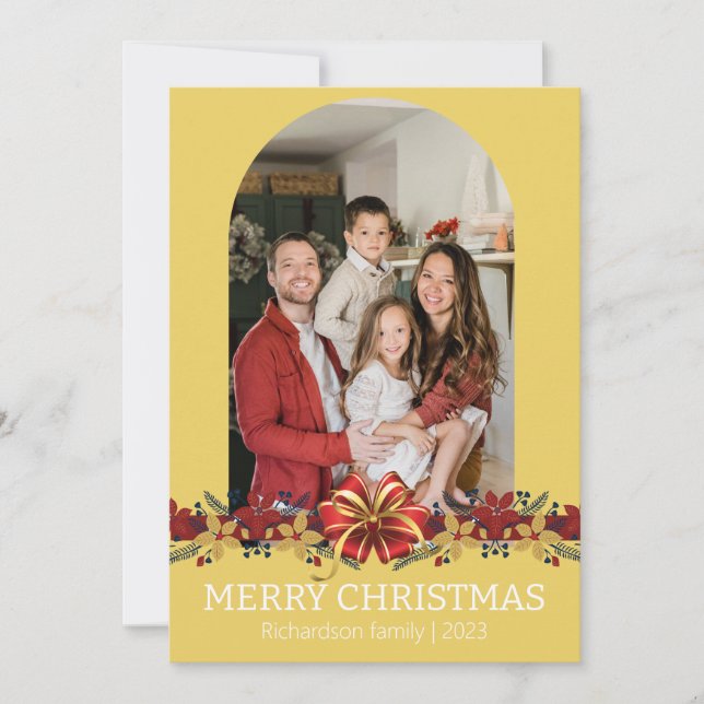 Cartão De Festividades Familiar Foto de Natal Simples e Elegante com Flor (Frente)