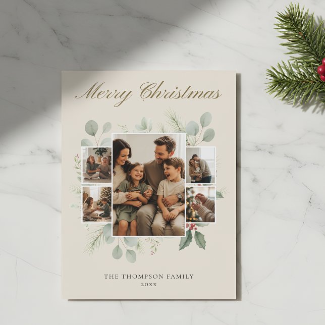 Cartão De Festividades Family 5 Photo Collage Watercolor Eucalyptus (Criador carregado)