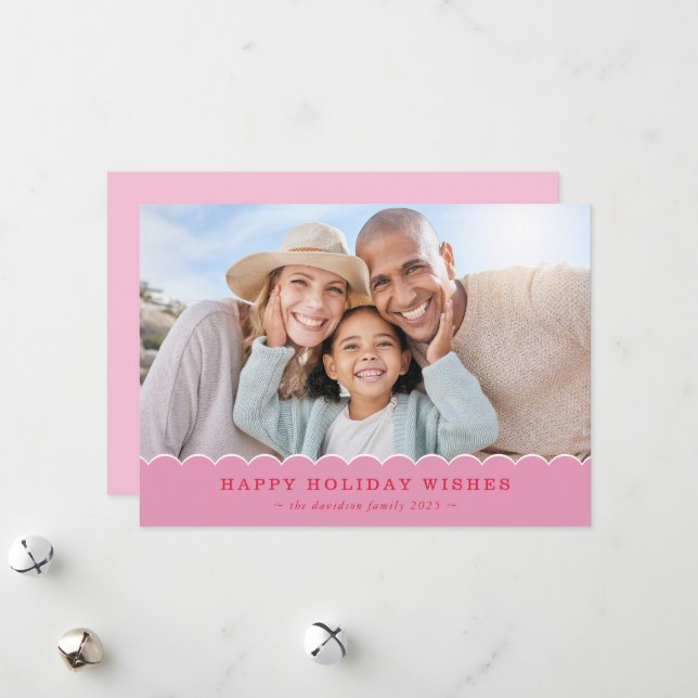 Cartão De Festividades FAMILY CHRISTMAS PHOTO cute fun scallop pink red (Frente/Verso In Situ)