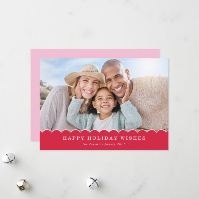 Cartão De Festividades FAMILY CHRISTMAS PHOTO cute fun scallop red pink (Frente/Verso In Situ)